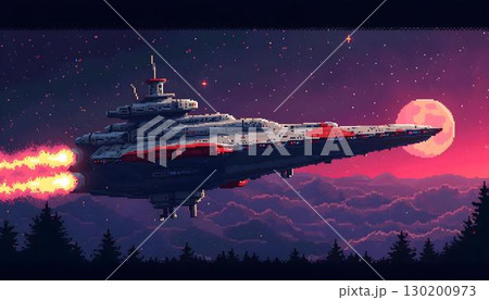 A retro 8-bit spaceship navigating the night sky, featuring vintage pixel art aesthetics for a classic game feel 130200973