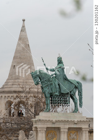 Bronze equestrian statue of St. Stephen I of Hungary in front of the Fishermans Bastion 130201162