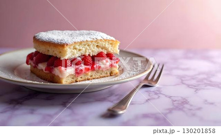 A mouthwatering piece of strawberry shortcake, decorated with strawberries, exemplifying a delightful spring dessert A mouthwatering piece of strawberry shortcake, decorated with strawberries, exemplifying a delightful spring dessert 130201858