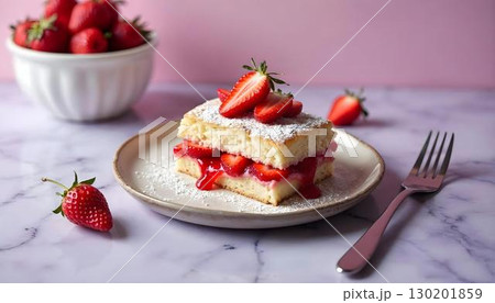 A slice of strawberry shortcake, beautifully topped with strawberries, representing a refreshing spring dessert option A slice of strawberry shortcake, beautifully topped with strawberries, representing a refreshing spring dessert option 130201859