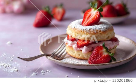 A delectable piece of strawberry shortcake, garnished with strawberries, showcasing a delightful spring dessert A delectable piece of strawberry shortcake, garnished with strawberries, showcasing a delightful spring dessert 130201860