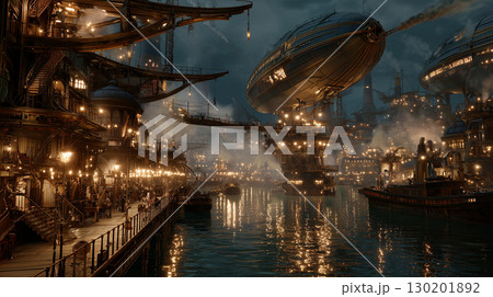 スチームパンク都市の夜景と飛行船の港 スチームパンク都市の夜景と飛行船の港 130201892
