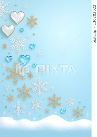 ブルーの背景に広がる雪の結晶とハート 130202022