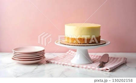 A delicious Margarita Cake on a stand, with a knife and fork, invitingly set for a spring dessert occasion 130202158