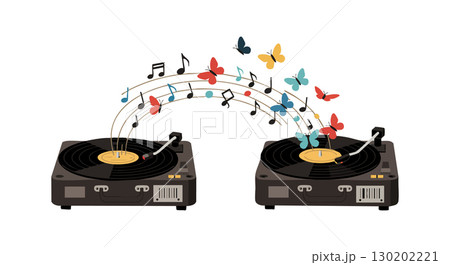 Two vintage turntables with musical notes and colorful butterflies vector illustration Two vintage turntables with musical notes and colorful butterflies vector illustration 130202221