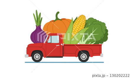 Red Pickup Truck Carrying Fresh Vegetables Including Pumpkin Corn Cabbage Onion Vector Illustration Red Pickup Truck Carrying Fresh Vegetables Including Pumpkin Corn Cabbage Onion Vector Illustration 130202222