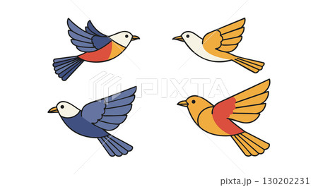 Colorful flying birds vector illustration with blue and orange wings in flight position 130202231