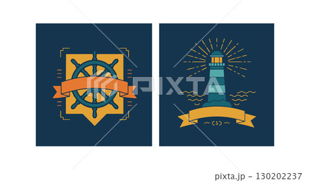 Nautical ship wheel and lighthouse icons with orange ribbons on navy blue background Nautical ship wheel and lighthouse icons with orange ribbons on navy blue background 130202237