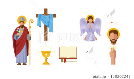 Christian religious symbols with saint bishop cross chalice angel and dove vector illustration 130202242