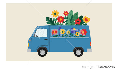 Blue van with colorful flowers and green leaves vector illustration 130202243