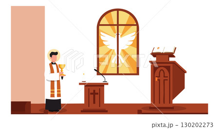 Priest holding chalice in church with stained glass window vector illustration Priest holding chalice in church with stained glass window vector illustration 130202273