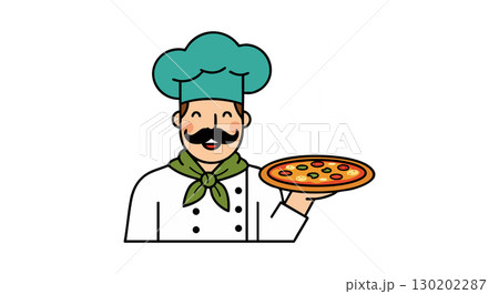 Chef character holding pizza illustration with mustache and green scarf vector 130202287