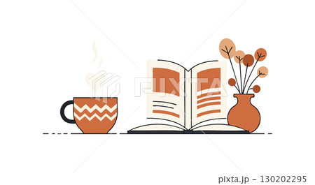 Hot coffee cup open book and vase with dry flowers vector illustration brown tones Hot coffee cup open book and vase with dry flowers vector illustration brown tones 130202295