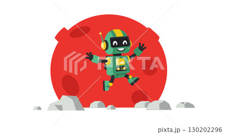 Happy green robot jumping on red planet surface with rocks vector illustration 130202296