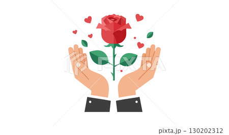 Hands Holding Red Rose with Heart Shapes Romantic Love Illustration 130202312