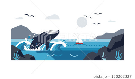 Whale breaching ocean waves with sailboat and rocky coastline in blue tones vector illustration 130202327