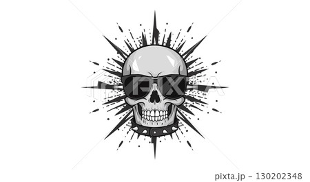 Skull with sunglasses and spiked collar in black and white vector illustration 130202348