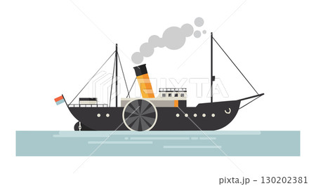 Vintage steam paddle boat sailing on calm water with smoke from chimney vector illustration Vintage steam paddle boat sailing on calm water with smoke from chimney vector illustration 130202381