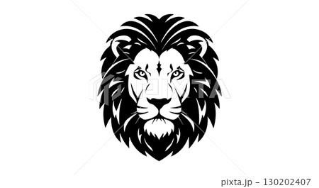 Lion head vector illustration with detailed mane and facial features in black and white Lion head vector illustration with detailed mane and facial features in black and white 130202407