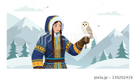 Woman in traditional winter clothing holding owl in snowy mountain forest landscape vector illustration 130202419