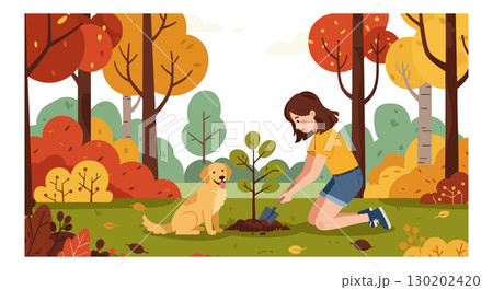 Girl planting young tree with dog in autumn forest nature conservation vector illustration 130202420