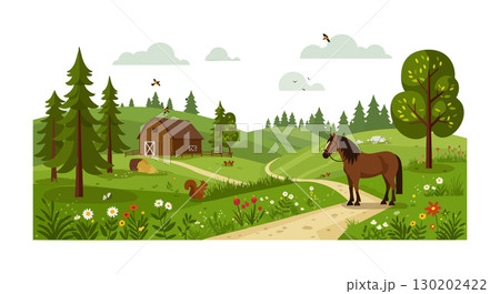 Horse standing on path near barn and forest with birds and flowers countryside scene vector 130202422
