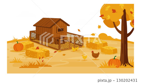 Autumn farmyard scene with chicken coop pumpkins and hay bales in fall landscape vector illustration Autumn farmyard scene with chicken coop pumpkins and hay bales in fall landscape vector illustration 130202431