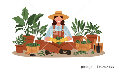 Female Gardener Working with Green Plants in Pots and Baskets Vector Illustration Female Gardener Working with Green Plants in Pots and Baskets Vector Illustration 130202433