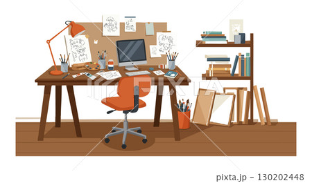 Creative Workspace Desk with Computer Books and Drawing Supplies Vector Illustration 130202448