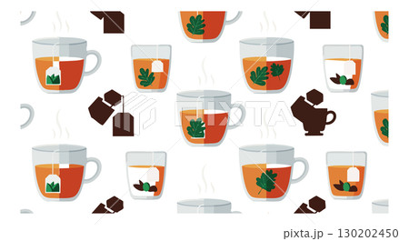 Tea Cups with Tea Bags and Teapots Vector Illustration in Warm Colors Pattern 130202450