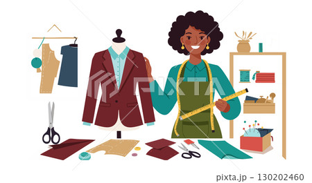 Tailor working with measuring tape and sewing tools in workshop vector illustration 130202460