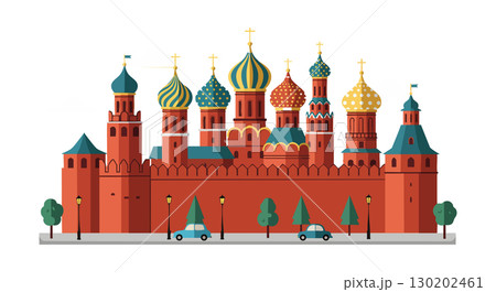 St Basil Cathedral Moscow colorful domes and red fortress wall vector illustration St Basil Cathedral Moscow colorful domes and red fortress wall vector illustration 130202461