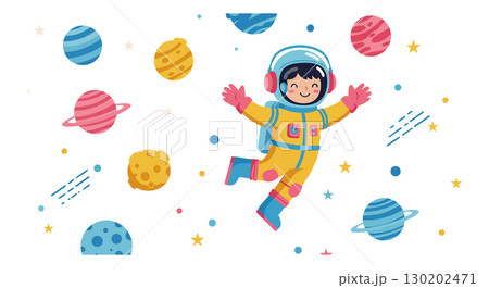 Child astronaut floating in colorful space with planets and stars vector illustration 130202471
