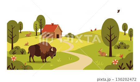 American bison grazing near cabin in forest landscape with rabbits and birds vector illustration American bison grazing near cabin in forest landscape with rabbits and birds vector illustration 130202472