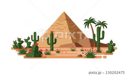 Pyramid with Cacti and Desert Plants Illustration in Warm Colors Vector Pyramid with Cacti and Desert Plants Illustration in Warm Colors Vector 130202475