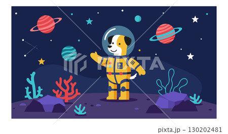 Dog in astronaut suit exploring alien planet with colorful planets and stars vector illustration 130202481