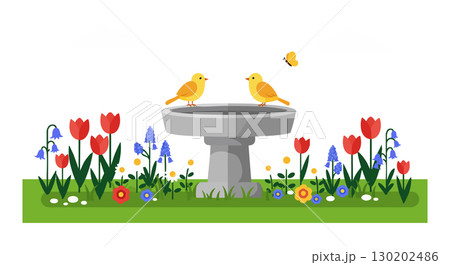 Birdbath with Yellow Birds and Red Tulips Garden Spring Flowers Vector Illustration Birdbath with Yellow Birds and Red Tulips Garden Spring Flowers Vector Illustration 130202486