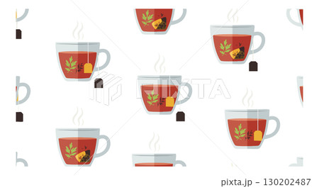 Hot herbal tea cups with tea bags seamless pattern background vector illustration Hot herbal tea cups with tea bags seamless pattern background vector illustration 130202487