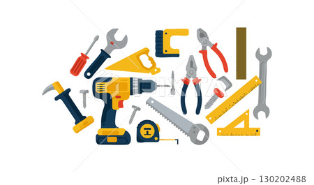 Collection of Hand and Power Tools for Construction and Repair Work Vector Illustration 130202488