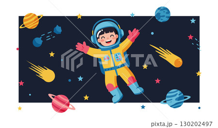 Happy astronaut boy floating in colorful outer space with planets and stars vector Happy astronaut boy floating in colorful outer space with planets and stars vector 130202497
