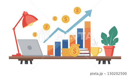 Financial growth concept with laptop desk lamp and coffee cup illustration vector Financial growth concept with laptop desk lamp and coffee cup illustration vector 130202500
