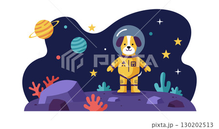 Dog in astronaut suit exploring colorful planets and stars space scene vector illustration Dog in astronaut suit exploring colorful planets and stars space scene vector illustration 130202513