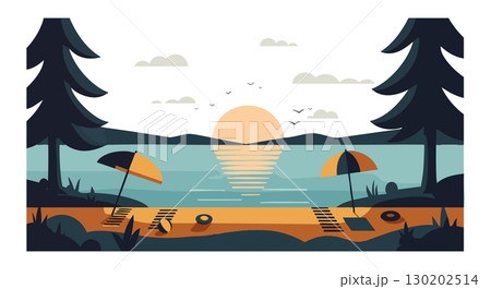 Sunset Beach Scene with Umbrellas Trees and Calm Water in Vector Illustration Sunset Beach Scene with Umbrellas Trees and Calm Water in Vector Illustration 130202514