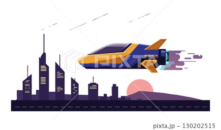 Futuristic spaceship flying over city skyline with sunset and purple smoke vector illustration 130202515