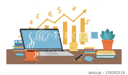 Laptop with financial charts and currency symbols on desk with books and plant vector illustration Laptop with financial charts and currency symbols on desk with books and plant vector illustration 130202518
