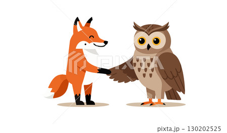 Fox and Owl Animal Friends Holding Hands Cute Cartoon Vector Illustration 130202525