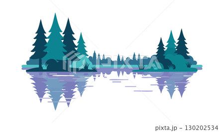 Pine Tree Forest Landscape Reflection on Water Calm Nature Scene Vector Illustration Pine Tree Forest Landscape Reflection on Water Calm Nature Scene Vector Illustration 130202534