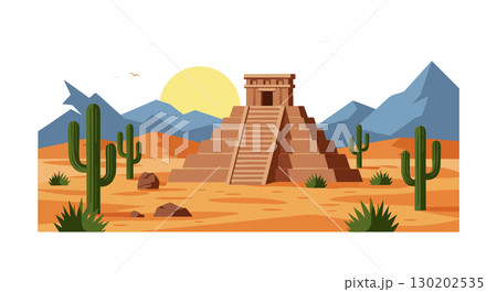 Ancient pyramid temple in desert landscape with cactus and mountains vector illustration Ancient pyramid temple in desert landscape with cactus and mountains vector illustration 130202535