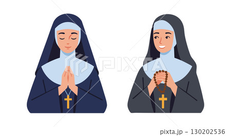 Two nuns praying with rosary beads wearing traditional religious habits vector illustration 130202536