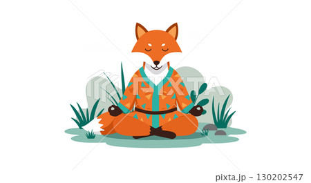 Fox sitting in lotus pose meditating peaceful nature scene vector illustration 130202547